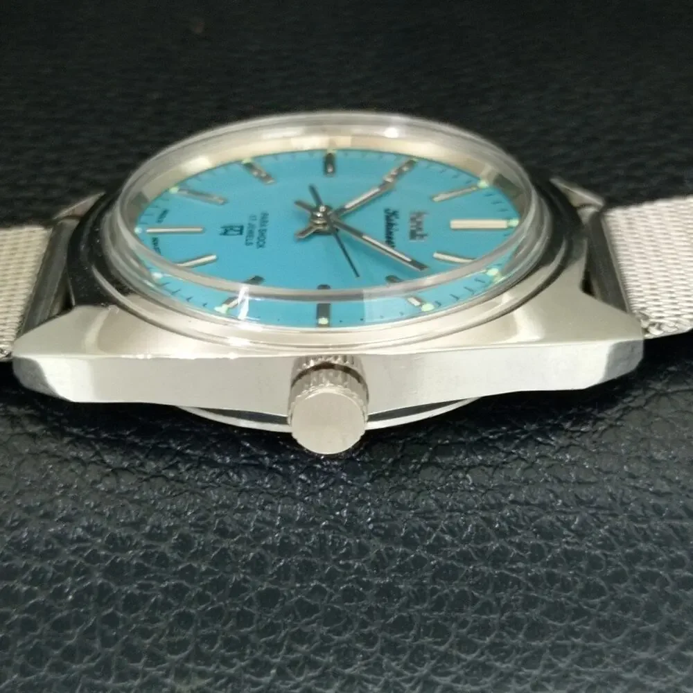 Vintage 1980 HMT Manual Wound Mens Silver Watch & Blue accents